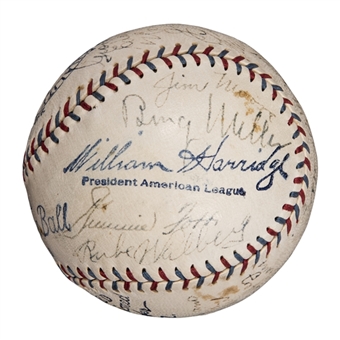 1931 American League Champion Philadelphia Athletics Team Signed OAL Harridge Baseball With 23 Signatures Including Foxx, Simmons, Cochrane, Grove, Mack & Collins (Beckett)